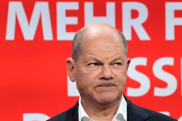 German Chancellor Olaf Scholz after first projections are announced during the election party at the Social Democratic Party (SPD) headquarters in Berlin, Germany, Sunday, March 23, 2025. (AP Photo/Ebrahim Noroozi)