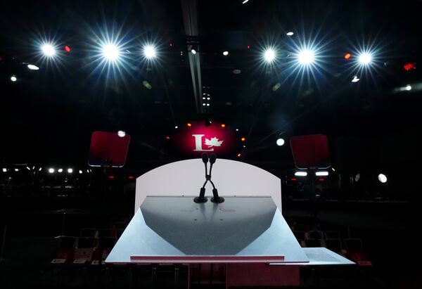 Final preparations are made for the Liberal leadership announcement in Ottawa on Sunday, March 9, 2025. (Sean Kilpatrick/The Canadian Press via AP)