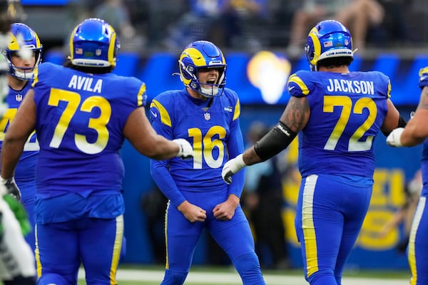 Los Angeles Rams place kicker Joshua Karty (16) reacts after making a field goal during the first half of an NFL football game against the Seattle Seahawks, Sunday, Jan. 5, 2025, in Inglewood, Calif. (AP Photo/Mark J. Terrill)