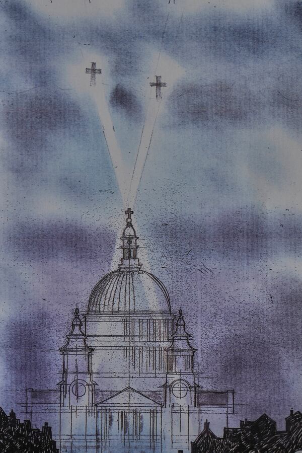 A drawing featuring St Paul Cathedral created by John Goldsmith in London, Thursday, April 24, 2025. (AP Photo/Kin Cheung)