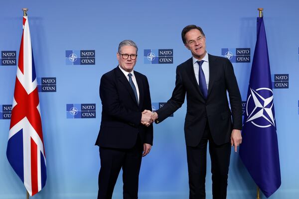 Britain's Prime Minister Keir Stammer, left, is greeted by NATO Secretary General Mark Rutte prior to a meeting at NATO headquarters in Brussels, Monday, Feb. 3, 2025. (AP Photo/Omar Havana, Pool)