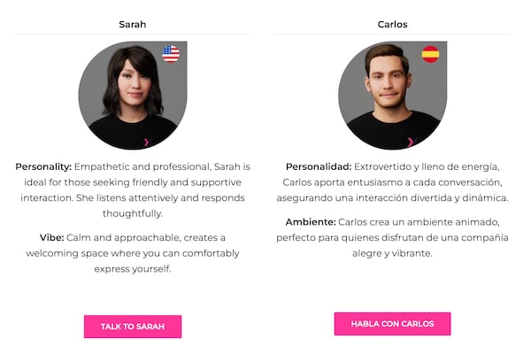 This March 2025 image from the website of artificial intelligence company Xoltar, shows two of of their demonstration avatars for conducting video calls with patients. (Xoltar via AP)