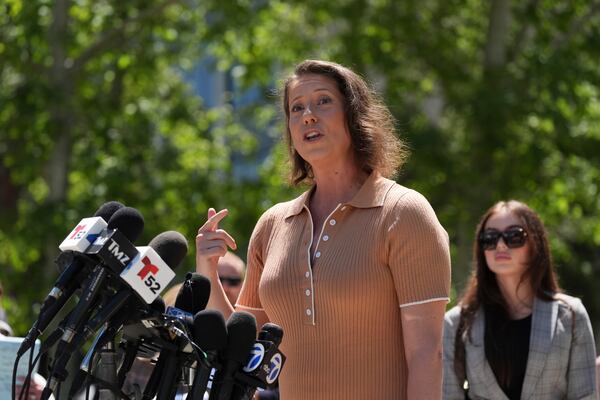 Anamaria Baralt, a cousin of Erik and Lyle Menendez, speaks after a hearing in their case at the courthouse Friday, May 9, 2025, in Los Angeles. (AP Photo/Jae C. Hong)