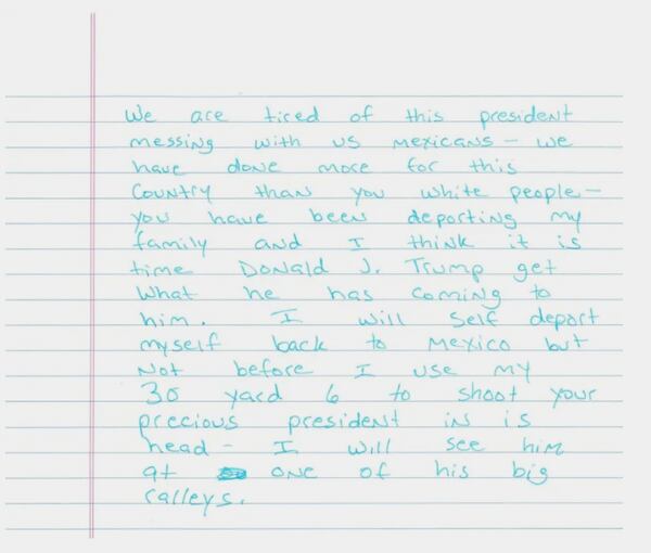 This image provided by the Department of Homeland Security shows a handwritten letter that Homeland Security Secretary Kristi Noem claimed an immigrant threatened the life of President Donald Trump. (Department of Homeland Security via AP)