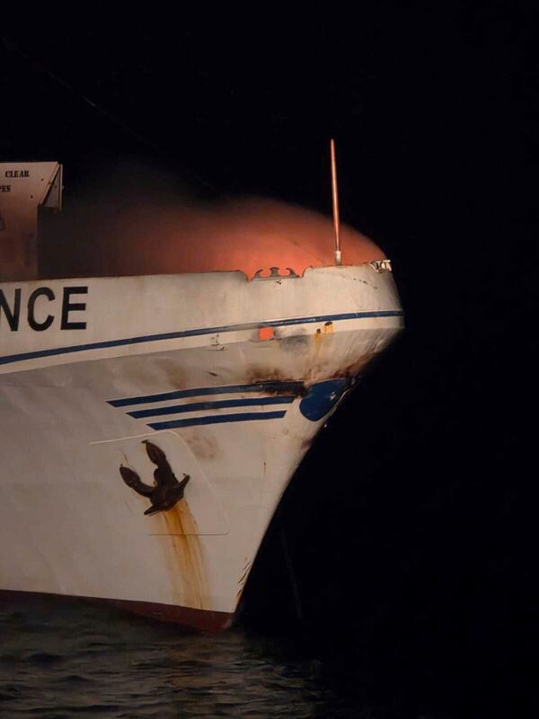 In this photo provided by the Government of Cyprus, a fire burns on the ship The Conscience, after a drone struck the vessel carrying aid to Gaza off the coast of Malta, Friday, May 2, 2025. (Government of Cyprus via AP)
