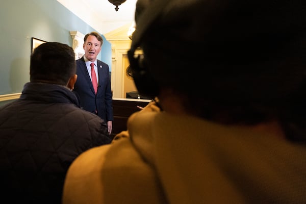 Virginia Gov. Glenn Youngkin speaks to members of the media on the first day of the legislative session, Wednesday, Jan. 8, 2025, in Richmond, Va. (Mike Kropf/Richmond Times-Dispatch via AP)