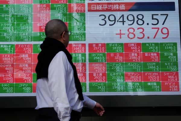 A person looks at an electronic stock board showing Japan's Nikkei index at a securities firm Thursday, Jan. 30, 2025, in Tokyo. (AP Photo/Eugene Hoshiko)