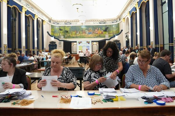 Votes are counted at Grimsby Town Hall, in Lincolnshire, England, for the Greater Lincolnshire Mayor election, early Friday, May 2, 2025. (Joe Giddens/PA via AP)
