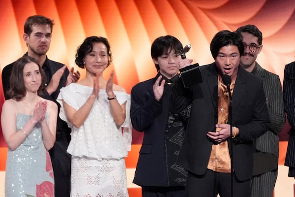 Arielle Zakowski, from left, Samuel Davis, Joan Chen, , Izac Wang, Sean Wang, and Carlos Lopez Estrada accept the best first feature award for "Didi" during the Film Independent Spirit Awards on Saturday, Feb. 22, 2025, in Santa Monica, Calif. (AP Photo/Chris Pizzello)