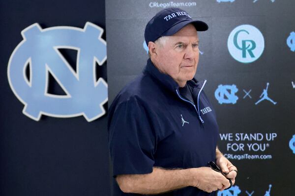 FILE - North Carolina coach Bill Belichick arrives for an NCAA college football press conference, Wednesday, March 5, 2025, in Chapel Hill, N.C. (AP Photo/Chris Seward, File)