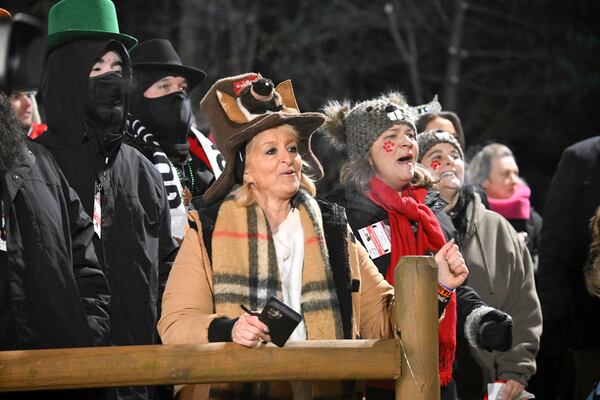 The crowd watches the festivities while waiting for Punxsutawney Phil, the weather prognosticating groundhog, to come out and make his prediction during the 139th celebration of Groundhog Day on Gobbler's Knob in Punxsutawney, Pa., Sunday, Feb. 2, 2025. (AP Photo/Barry Reeger)