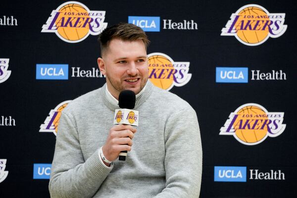 Los Angeles Lakers' Luka Doncic speaks during an introductory NBA basketball press conference Tuesday, Feb. 4, 2025, in El Segundo, Calif. (AP Photo/Jae C. Hong)