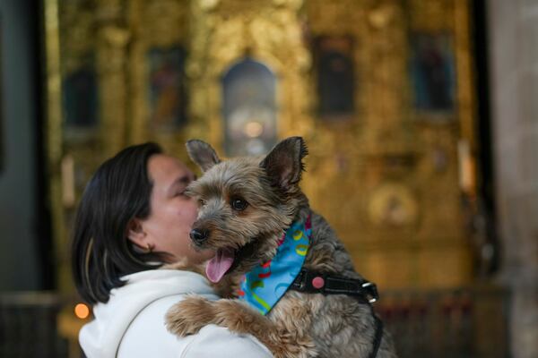 Gabriela Biques and her black and tan Yorkie Jerome, attend the annual blessing of the animals Mass in Mexico City's Metropolitan Cathedral, Friday, Jan. 17, 2025. (AP Photo/Marco Ugarte)