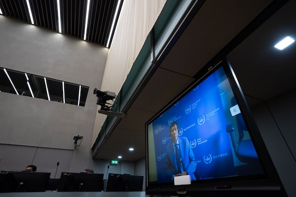 Former Philippine President Rodrigo Duterte is seen on a screen in the courtroom of the International Criminal Court (ICC) in The Hague, Netherlands, Friday, March 14, 2025. (AP Photo/Peter Dejong, Pool)