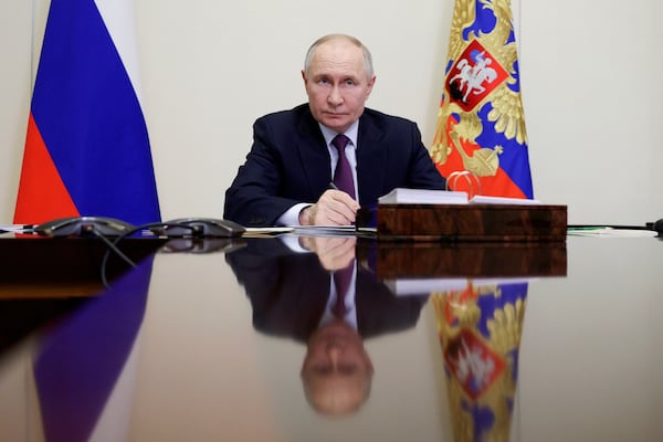 Russian President Vladimir Putin holds a video conference meeting with Bryansk Region Gov. Alexander Bogomaz at the Novo-Ogaryovo state residence outside Moscow Russia, Thursday, Feb. 13, 2025. (Gavriil Grigorov, Sputnik, Kremlin Pool Photo via AP)