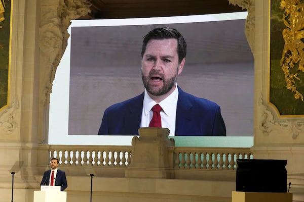 United States Vice-President JD Vance addresses the audience at the Grand Palais during the Artificial Intelligence Action Summit in Paris, Tuesday, Feb. 11, 2025. (AP Photo/Michel Euler)