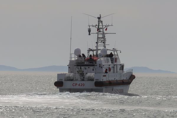 An Italian Coast Guard vessel carrying migrants from the asylum processing centers in Albania back to Italy, leaves the port of Shengjin, northwestern Albania, Saturday, Feb. 1, 2025. (AP Photo/Vlasov Sulaj)