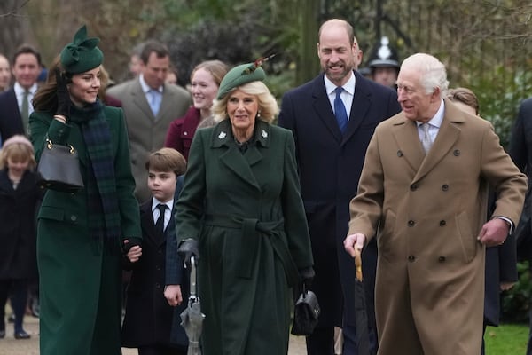 Britain's King Charles III, right, with Queen Camilla, centre, and Kate Princess of Wales, left, Prince Louis, and Prince William walk as they go to the Christmas day service at St Mary Magdalene Church in Sandringham in Norfolk, England, Wednesday, Dec. 25, 2024. (AP Photo/Jon Super)