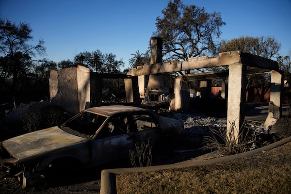 A home destroyed by the Eaton Fire in in Altadena, Calif., is seen Wednesday, Jan. 15, 2025. (AP Photo/John Locher)