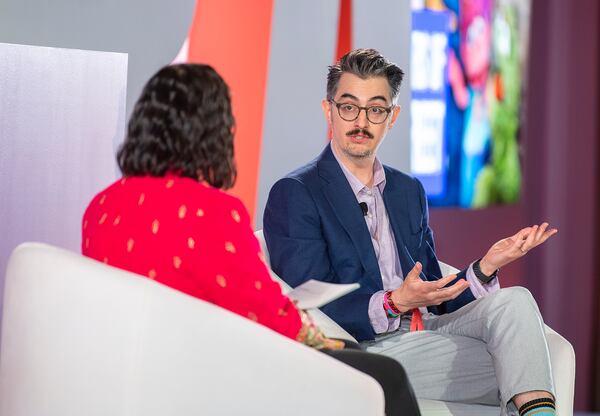 Sal Perez, executive producer and VP of Sesame Street at Sesame Workshop, right, talks to Versha Sharma, editor-in-chief at Teen Vogue, after Sesame Workshop won the Elevate Prize Foundation's Catalyst Award, Wednesday, May 14, 2025, in Miami Beach, Fla. (AP Photo/Michael Laughlin)