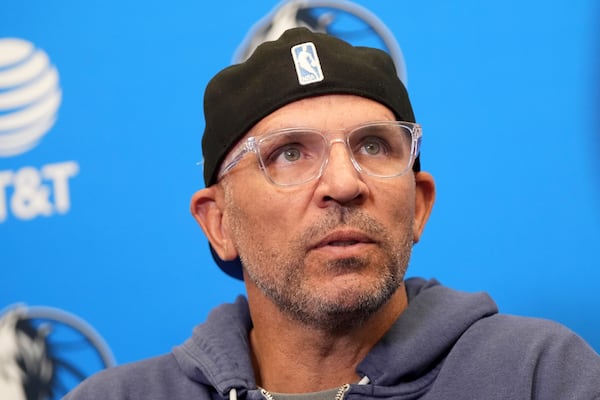 Dallas Mavericks head coach Jason Kidd responds to questions during a news conference after an NBA basketball practice at the team's training facility in Dallas, Thursday, Feb. 20, 2025. (AP Photo/Tony Gutierrez)