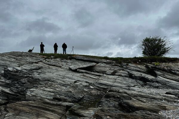 Bird watchers look out under dark skies at Kettle Cove State Park, Thursday, May 22, 2025, in Cape Elizabeth, Maine. (AP Photo/Patrick Whittle)
