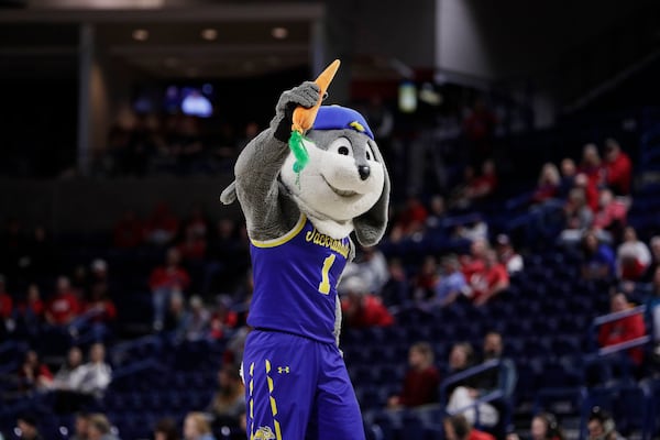 South Dakota State mascot Jack the Jackrabbit performs during the second half of a first-round college basketball game between Utah and South Dakota State in the NCAA Tournament in Spokane, Wash., Saturday, March 23, 2024. (AP Photo/Young Kwak)