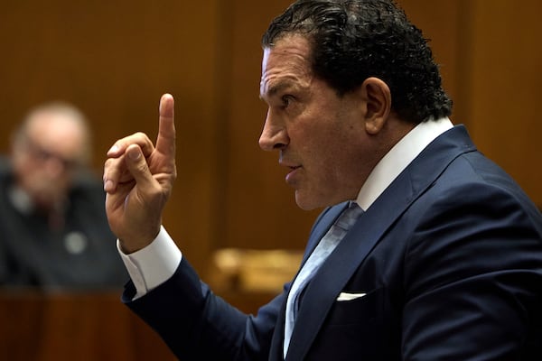 Attorney Joe Tacopina speaks during closing arguments in the trial of A$AP Rocky, Thursday, Feb. 13, 2025, in Los Angeles. (Allison Dinner/Pool Photo via AP)