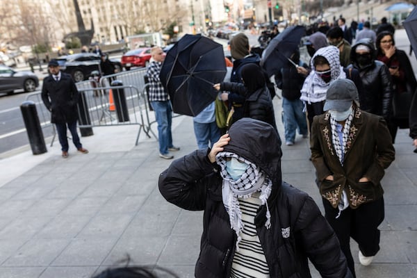 Students from Columbia University arrive at the Manhattan federal court prior to the deportation case of Mahmoud Khalil, Wednesday, March 12, 2025, in New York. (AP Photo/Stefan Jeremiah)