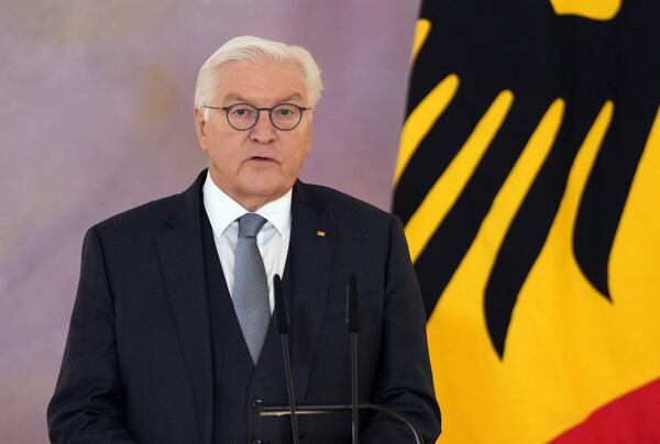 German President Frank-Walter Steinmeier announces the decision to dissolve the German Bundestag and schedules a new election for February 23 next year, in Berlin, Friday, Dec. 27, 2024. (S'ren Stache/dpa via AP)