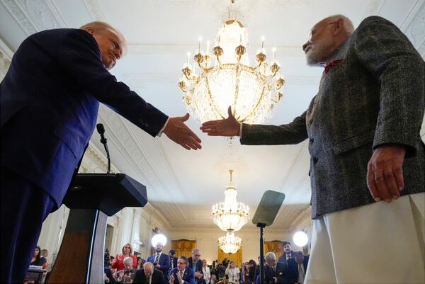 President Donald Trump and India's Prime Minister Narendra Modi shake hands during a news conference in the East Room of the White House, Thursday, Feb. 13, 2025, in Washington. (Photo/Alex Brandon)