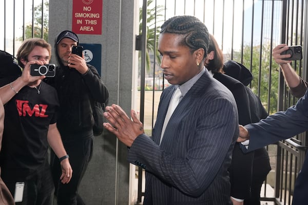 A$AP Rocky arrives at court for his trial Tuesday, Feb. 18, 2025, in Los Angeles. (AP Photo/Damian Dovarganes)