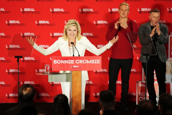 Ontario Liberal Leader Bonnie Crombie addresses her supporters at her campaign headquarters in Mississauga, Ontario, Thursday, Feb. 27, 2025. (Nathan Denette/The Canadian Press via AP)