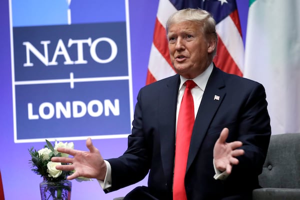 FILE - President Donald Trump speaks during the NATO summit, Dec. 4, 2019, in Watford, England. (AP Photo/ Evan Vucci, File)