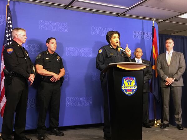 FILE - Phoenix Police Chief Jeri Williams speaks at a news conference about the linking of nine homicides to a convicted felon on Jan. 18, 2018, in Phoenix, Ariz. (AP Photo/Terry Tang, File)