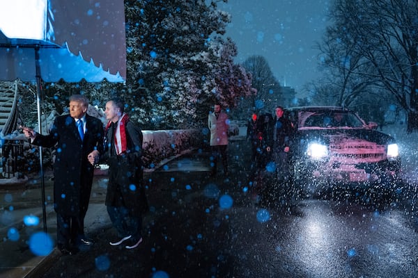 President Donald Trump, greets Marc Fogel at the White House, Tuesday, Feb. 11, 2025, in Washington. (AP Photo/Evan Vucci)