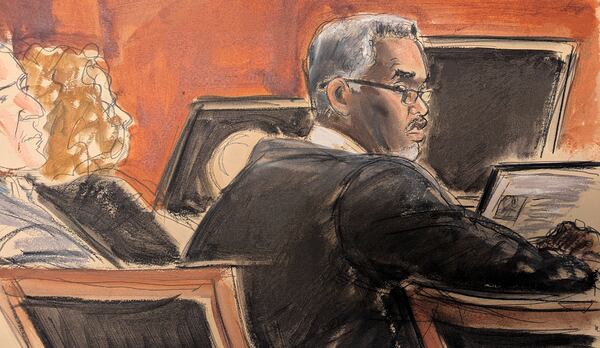 Sean Diddy Combs sits at the defense table before the start of jury selection at Manhattan federal court, Monday, May 5, 2025, in New York. (Elizabeth Williams via AP)