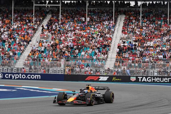 Red Bull driver Max Verstappen of the Netherlands makes a turn during the Formula One Miami Grand Prix auto race Sunday, May 4, 2025, in Miami Gardens. Fla. (AP Photo/Rebecca Blackwell)