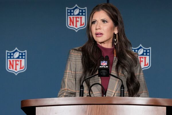 Secretary of Homeland Security Kristi Noem speaks during a news conference Monday, Feb. 3, 2025, about security for the upcoming Super Bowl to be played Sunday, Jan. 9th, in New Orleans. (AP Photo/Gerald Herbert)