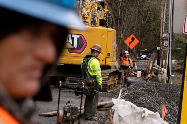 Construction continues on Stark Street Bridge on Thursday, Feb. 6, 2025, in Troutdale, Ore. (AP Photo/Jenny Kane)