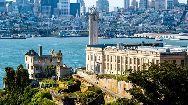 With San Francisco in the background, Alcatraz Island is pictured on Monday, May 5, 2025, in San Francisco. (AP Photo/Noah Berger)