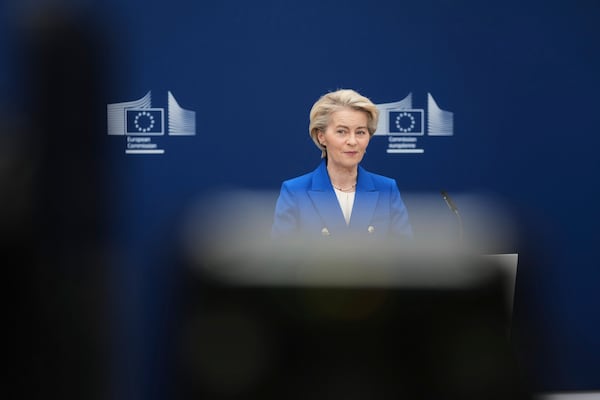 European Commission President Ursula von der Leyen speaks during a media conference on the defense package at EU headquarters in Brussels, Tuesday, March 4, 2025. (AP Photo/Virginia Mayo)