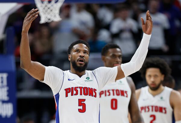 Detroit Pistons guard Malik Beasley (5) celebrates after scoring against the New York Knicks during the first half of Game 6 of an NBA basketball first-round playoff series Thursday, May 1, 2025, in Detroit. (AP Photo/Duane Burleson)