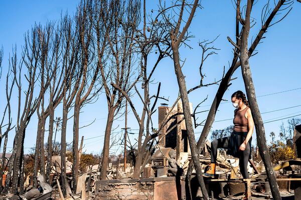 Vee Ban searches for a missing cat among Pacific Palisades homes destroyed by the Palisades Fire on Sunday, Jan. 12, 2025, in Los Angeles. (AP Photo/Noah Berger)