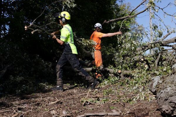 Cody Sparks, left, and Eric Combs with Lewis Tree Service work to clear a tree off of a power line near on 92nd Street near Caledonia, Mich. on Friday, May 16. 2025. (Neil Blake/The Grand Rapids Press via AP)