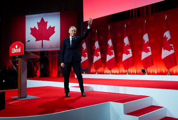 Liberal Party of Canada Leader Mark Carney waves to attendees after winning the party's leadership at the announcement event in Ottawa, Ontario, Sunday, March 9, 2025. (Sean Kilpatrick/The Canadian Press via AP)