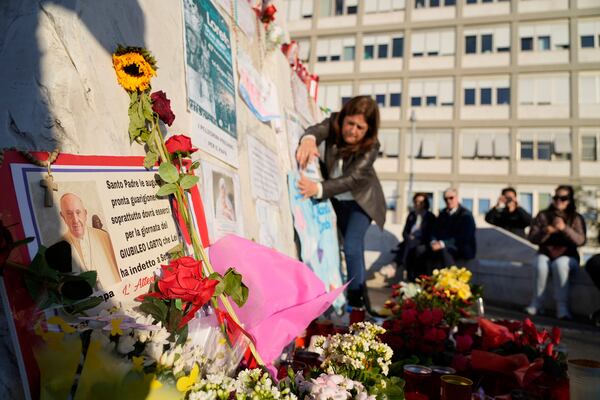 A placards are seen outside the Agostino Gemelli Polyclinic where Pope Francis is hospitalized in Rome, Tuesday, March 4, 2025. (AP Photo/Gregorio Borgia)