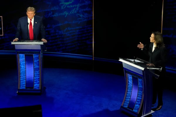 Republican presidential nominee former President Donald Trump, left, and Democratic presidential nominee Vice President Kamala Harris participate during an ABC News presidential debate, Sept.10, 2024, in Philadelphia. (AP Photo/Alex Brandon, File)