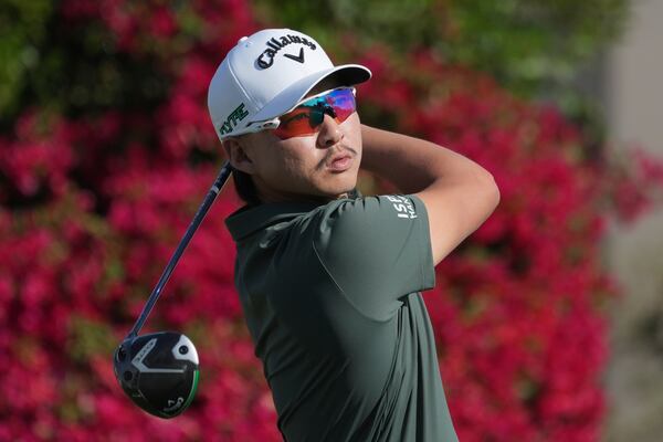 Min Woo Lee, of Australia, hits his tee shot at the second hole during the third round of the Phoenix Open golf tournament at TPC Scottsdale Saturday, Feb. 8, 2025, in Scottsdale, Ariz. (AP Photo/Ross D. Franklin)