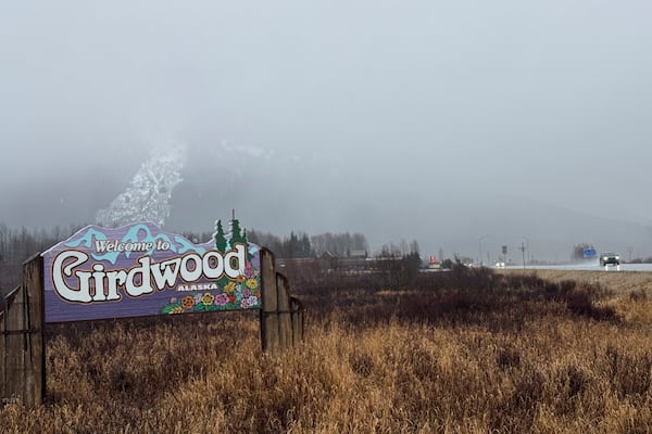 The community welcome sign sits outside Girdwood, Alaska, Wednesday, March 5, 2025. (AP Photo/Mark Thiessen)